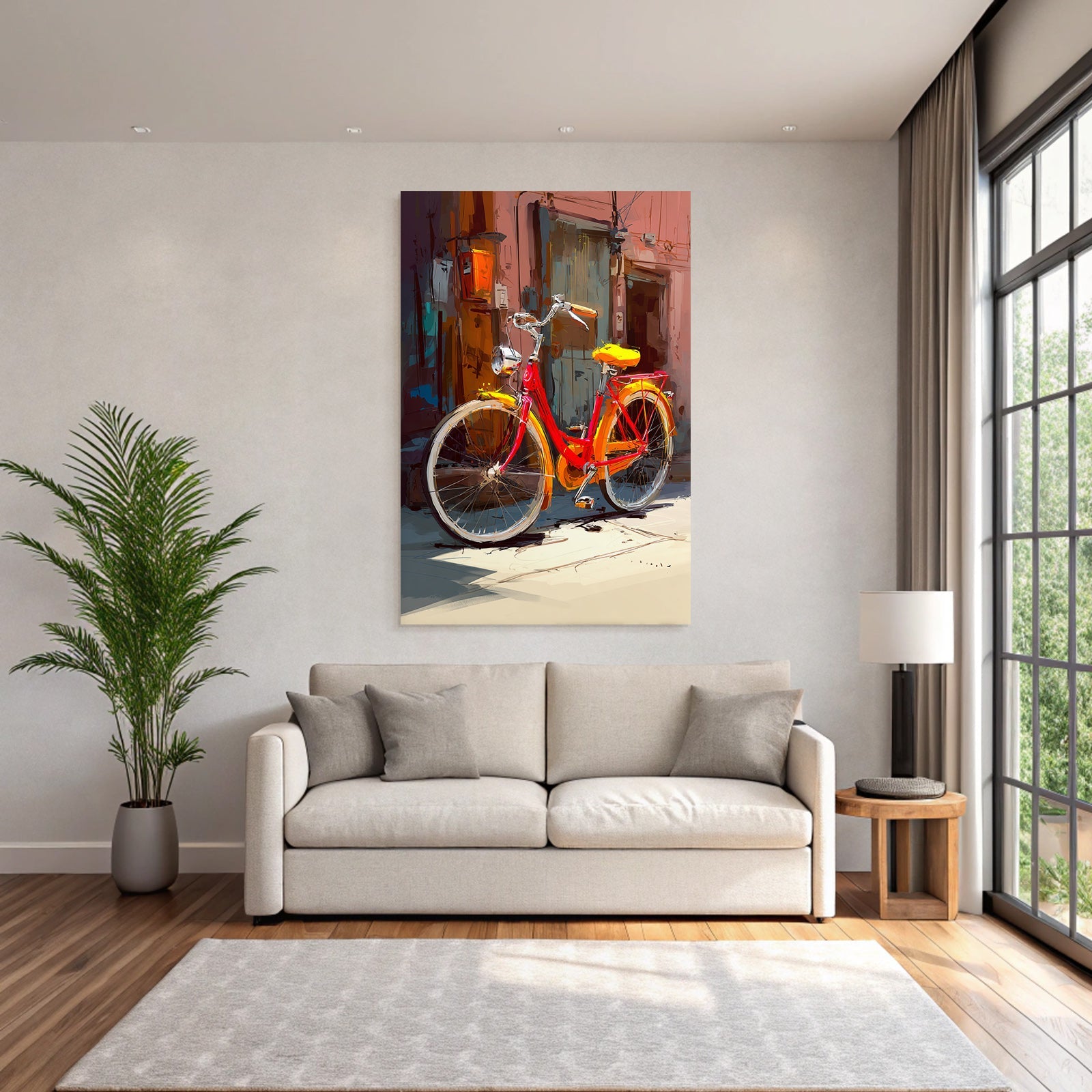 Colorful bicycle with red frame and yellow seat in front of colorful walls