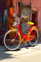 Bunter Fahrrad Mit Rotem Rahmen Und Gelbem Sitz Vor Bunten Wänden | Fahrraeder und Motorraeder | Mobilitaet und Technik