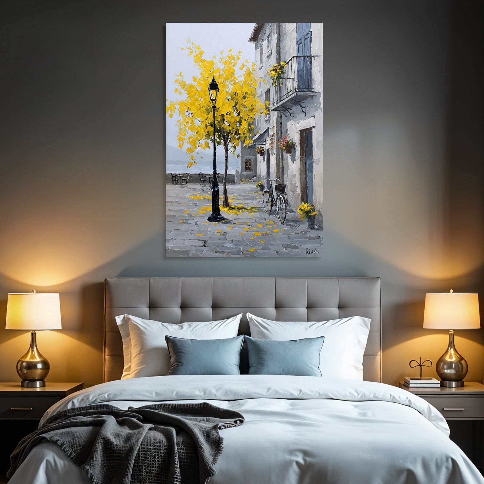Charming street scene with tree, yellow leaves and vintage bicycle