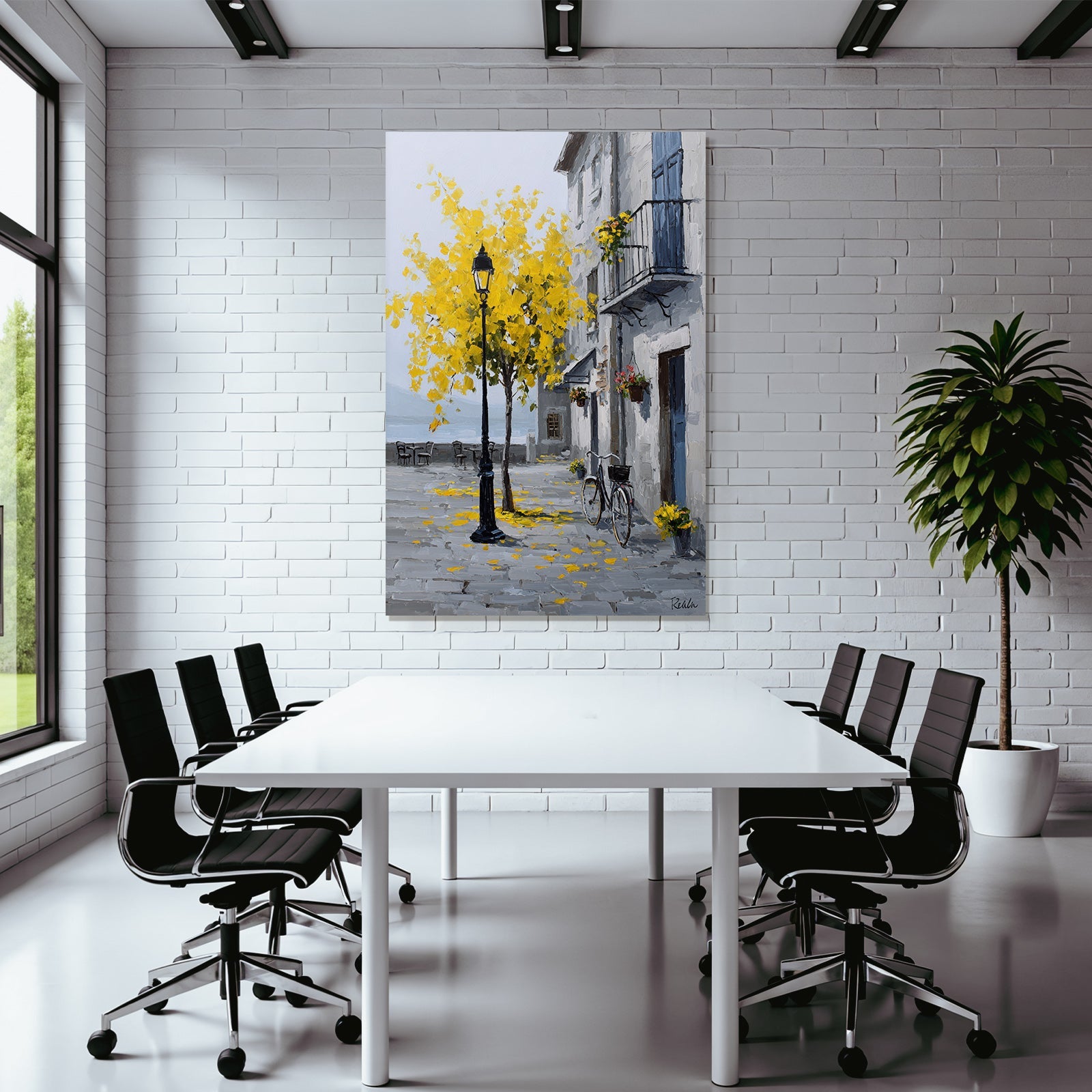 Charming street scene with tree, yellow leaves and vintage bicycle