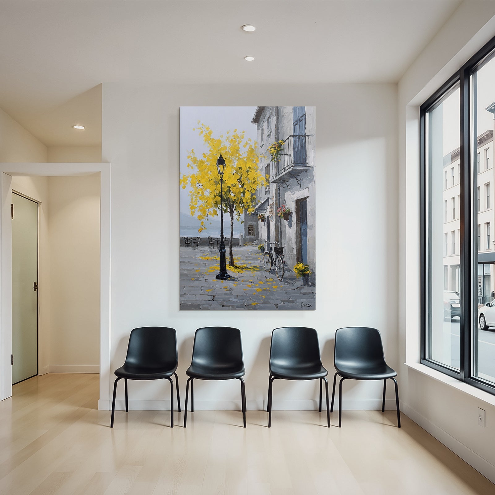Charming street scene with tree, yellow leaves and vintage bicycle