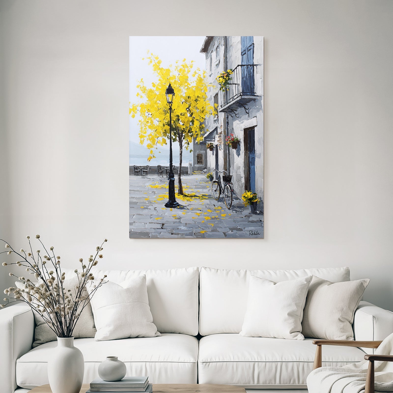 Charming street scene with tree, yellow leaves and vintage bicycle