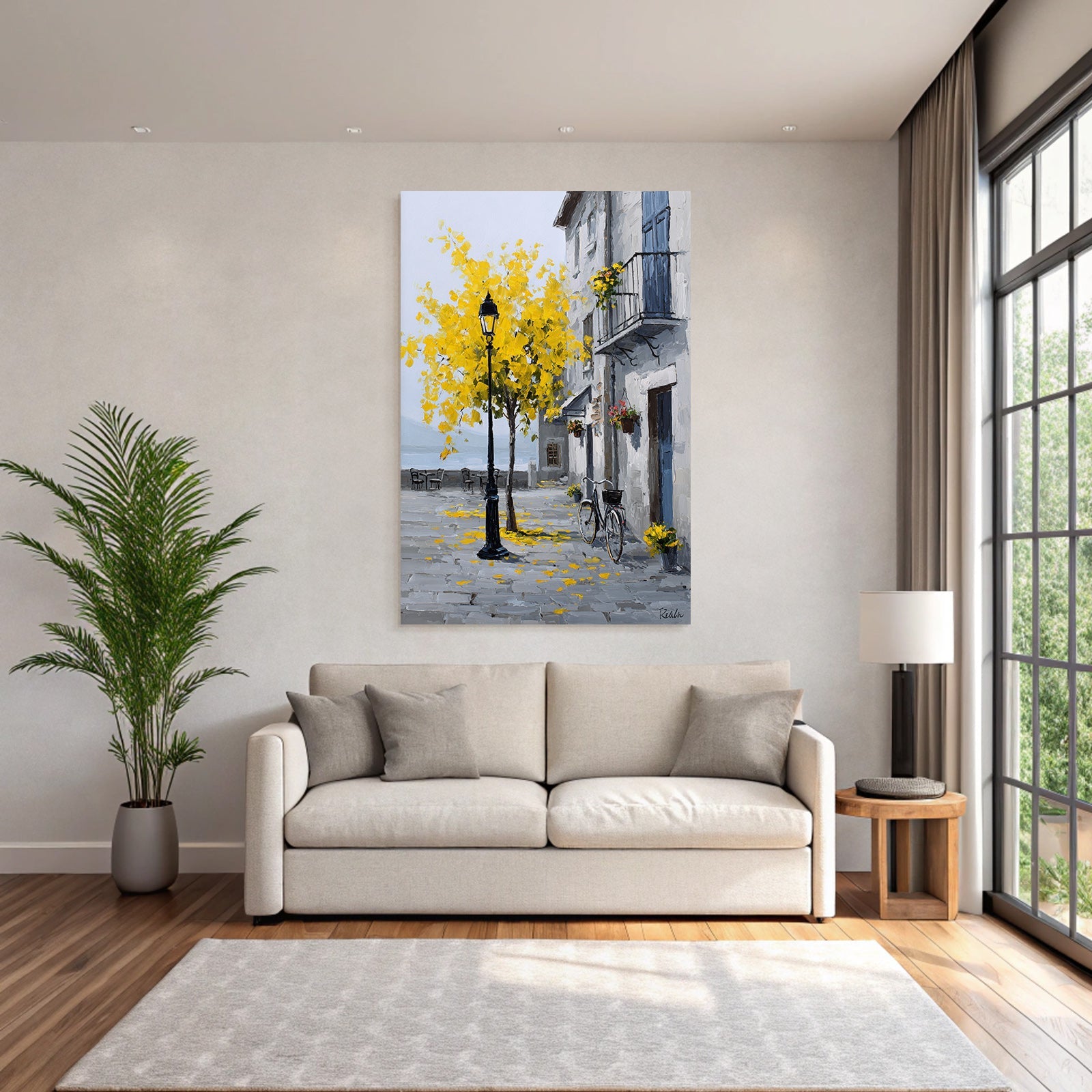 Charming street scene with tree, yellow leaves and vintage bicycle