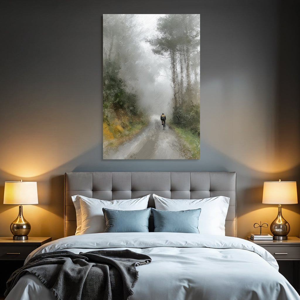 Foggy Landscape With Cyclist In Tranquil Scenery