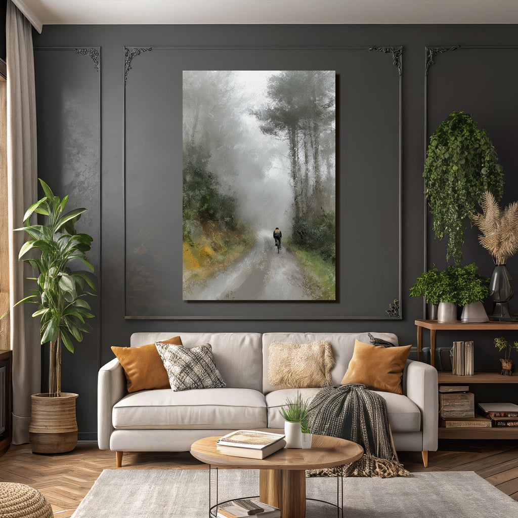 Foggy Landscape With Cyclist In Tranquil Scenery