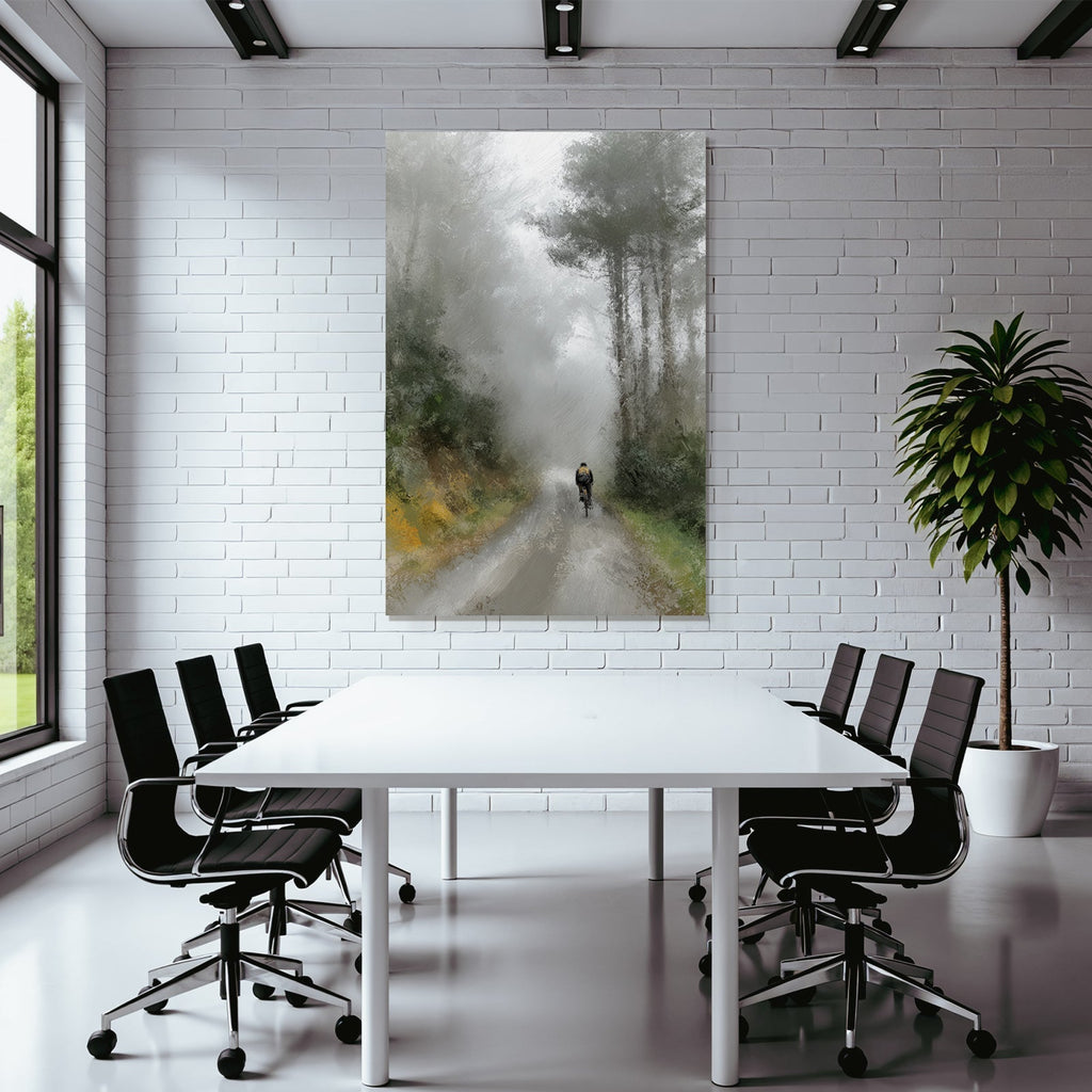 Foggy Landscape With Cyclist In Tranquil Scenery
