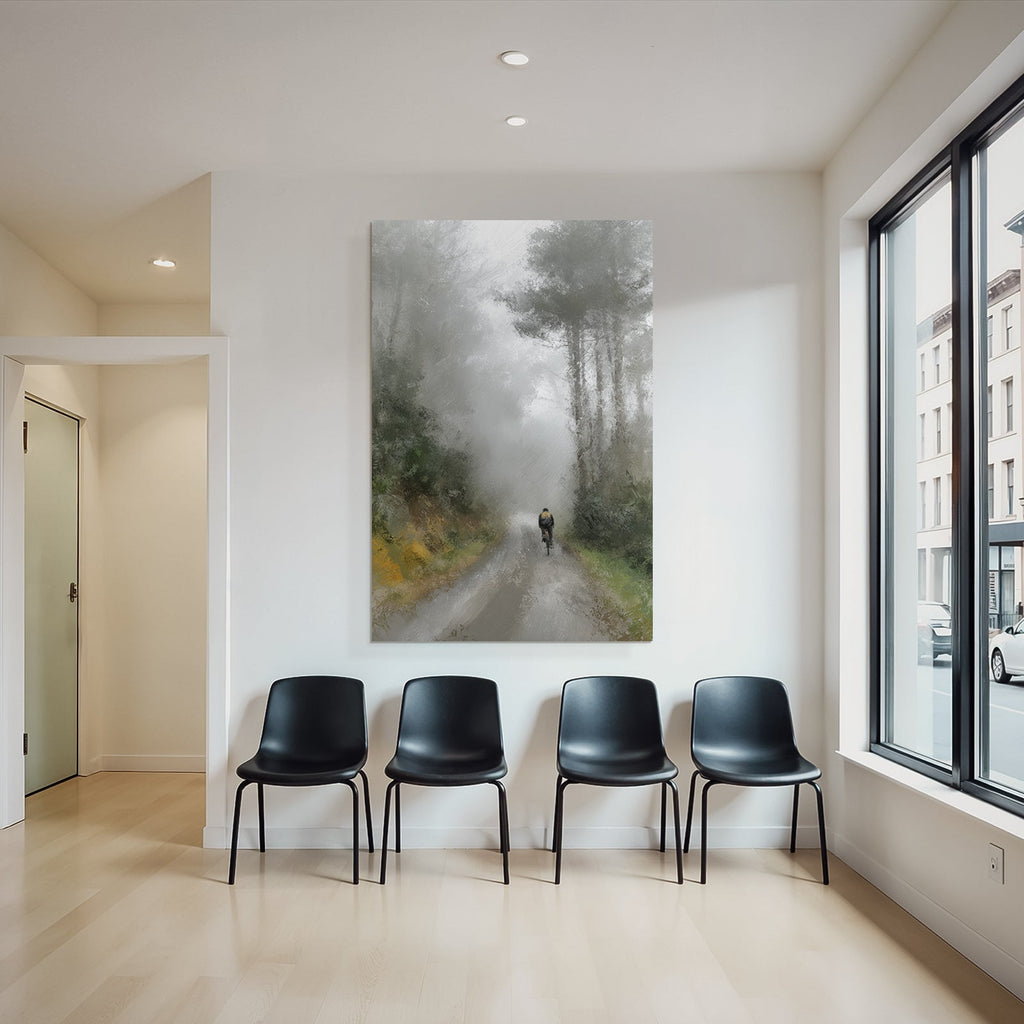 Foggy Landscape With Cyclist In Tranquil Scenery