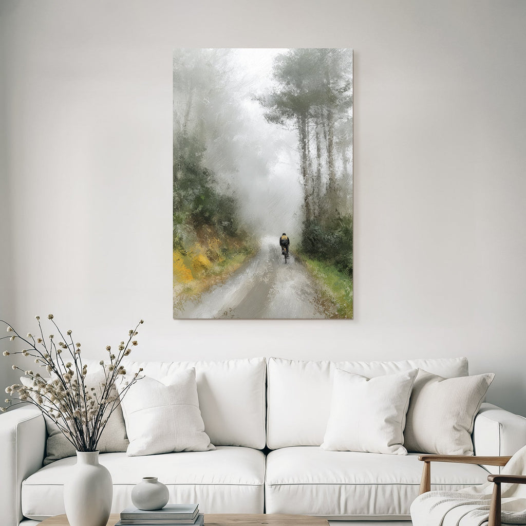 Foggy Landscape With Cyclist In Tranquil Scenery