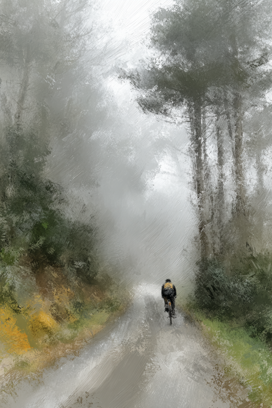 Foggy Landscape With Cyclist In Tranquil Scenery | Fahrraeder und Motorraeder | Mobilitaet und Technik