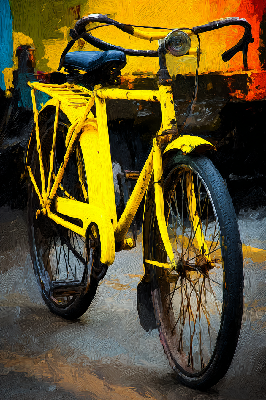 Gelbe Fahrrad Kunstvolles Design Mit Bunten Hintergrund | Fahrraeder und Motorraeder | Mobilitaet und Technik