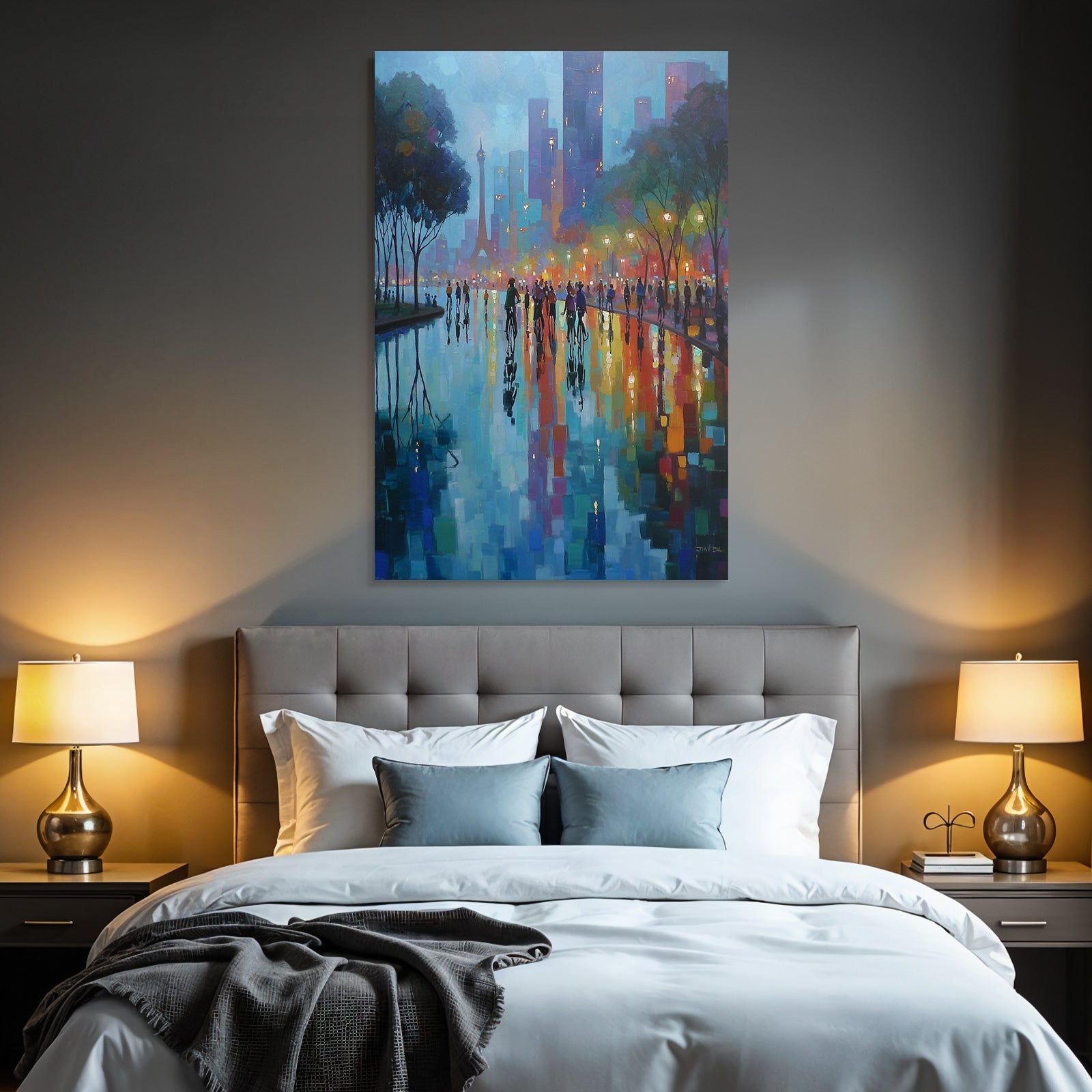 Vibrant cityscape at night with reflections and street lamps