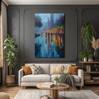 Vibrant cityscape at night with reflections and street lamps