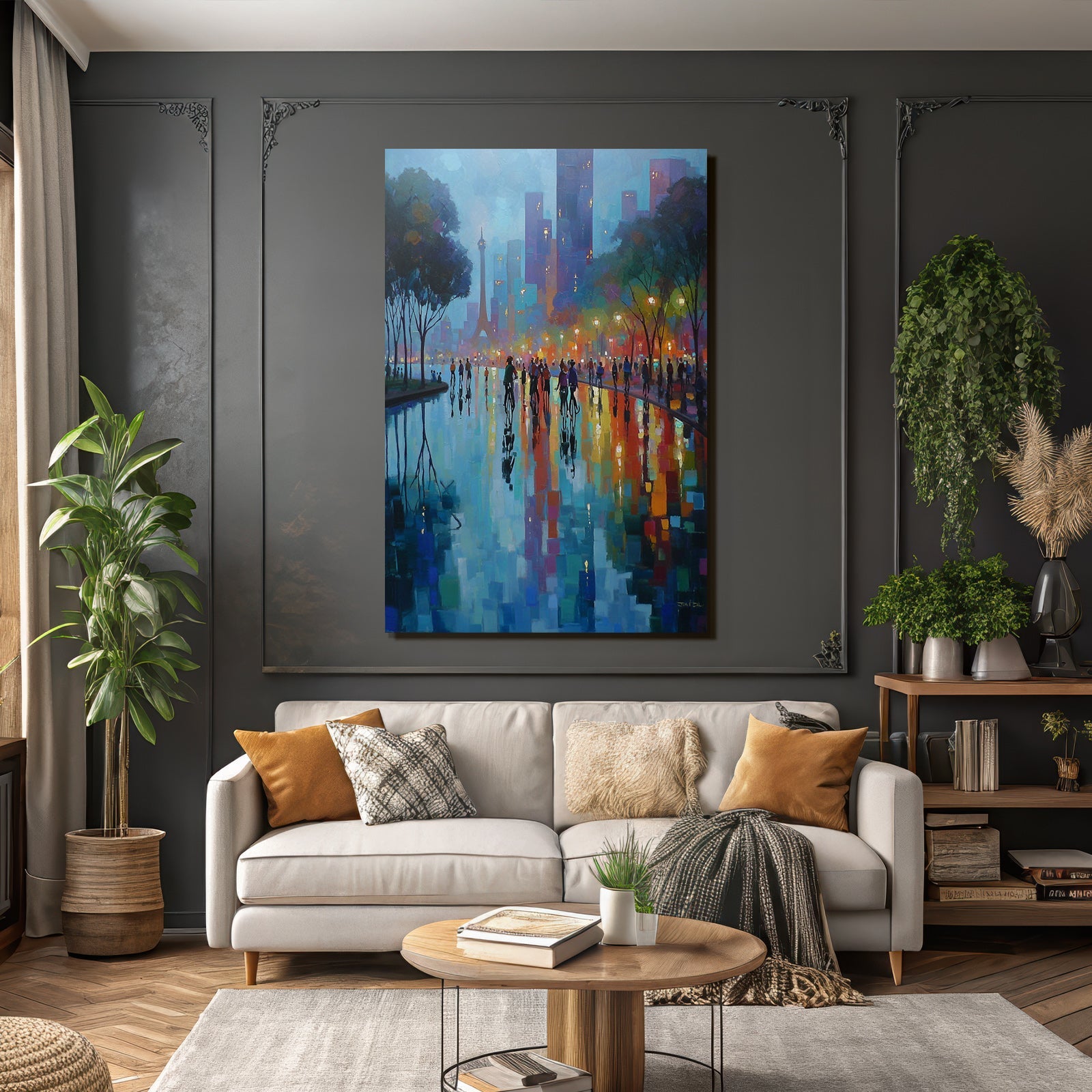 Vibrant cityscape at night with reflections and street lamps