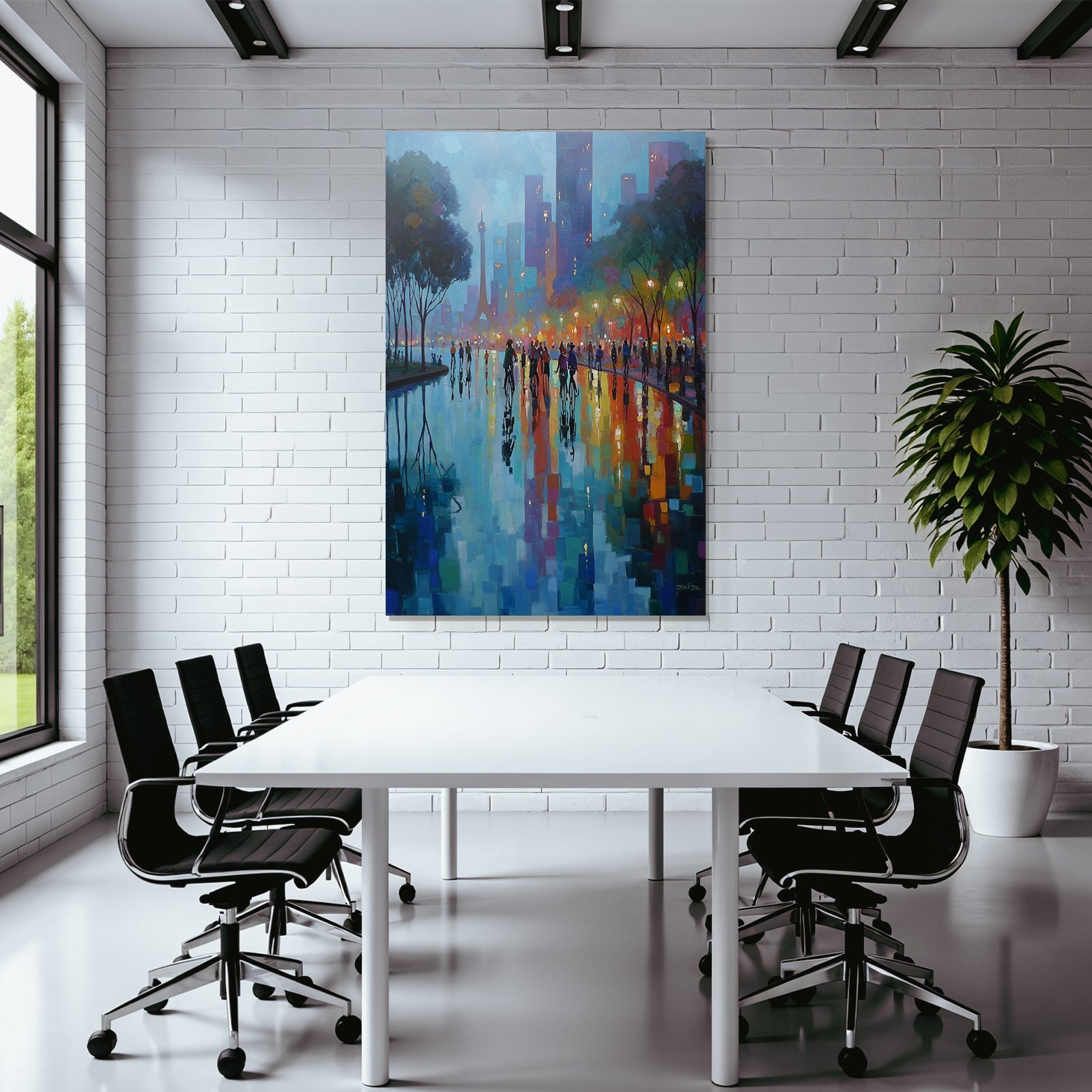 Vibrant cityscape at night with reflections and street lamps