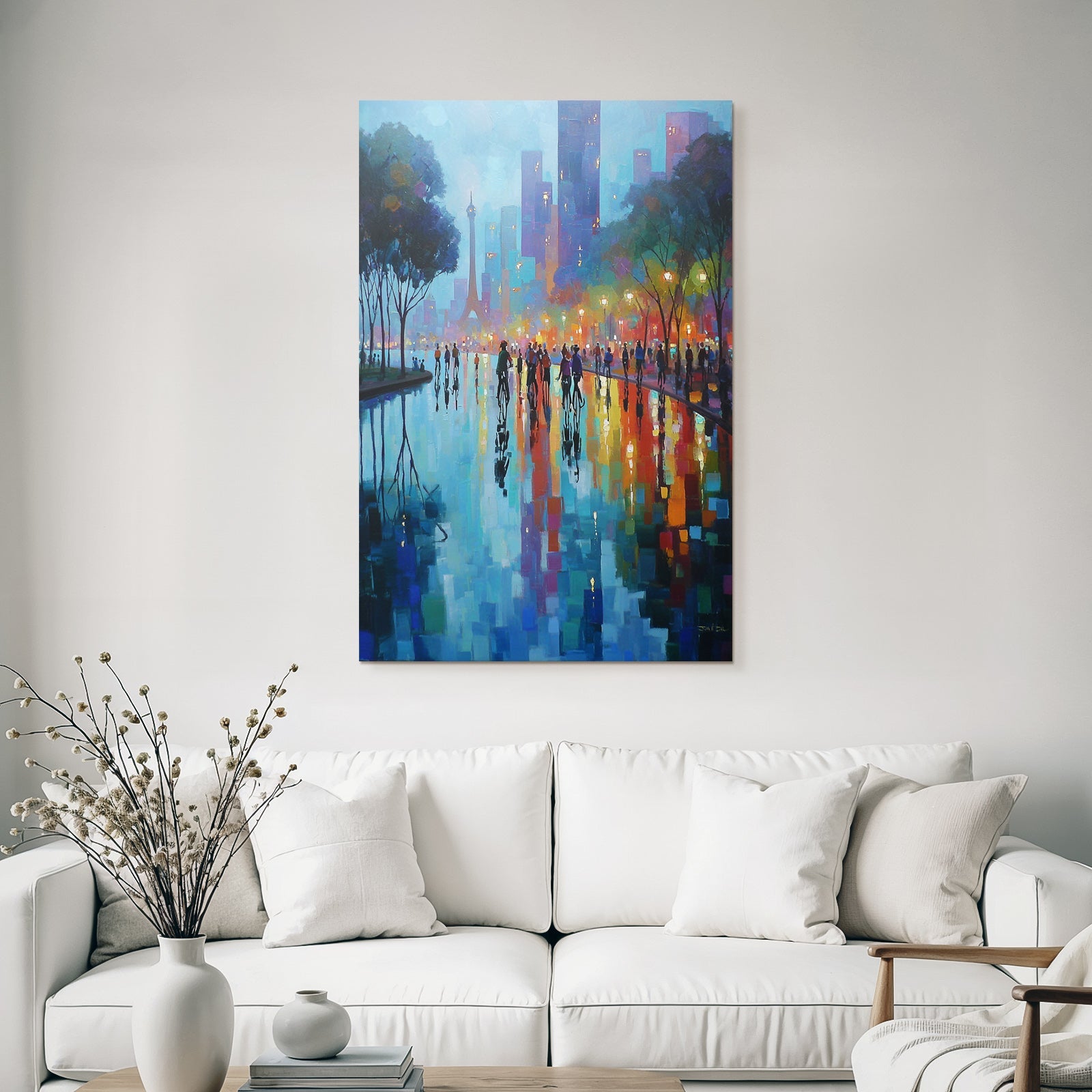 Vibrant cityscape at night with reflections and street lamps