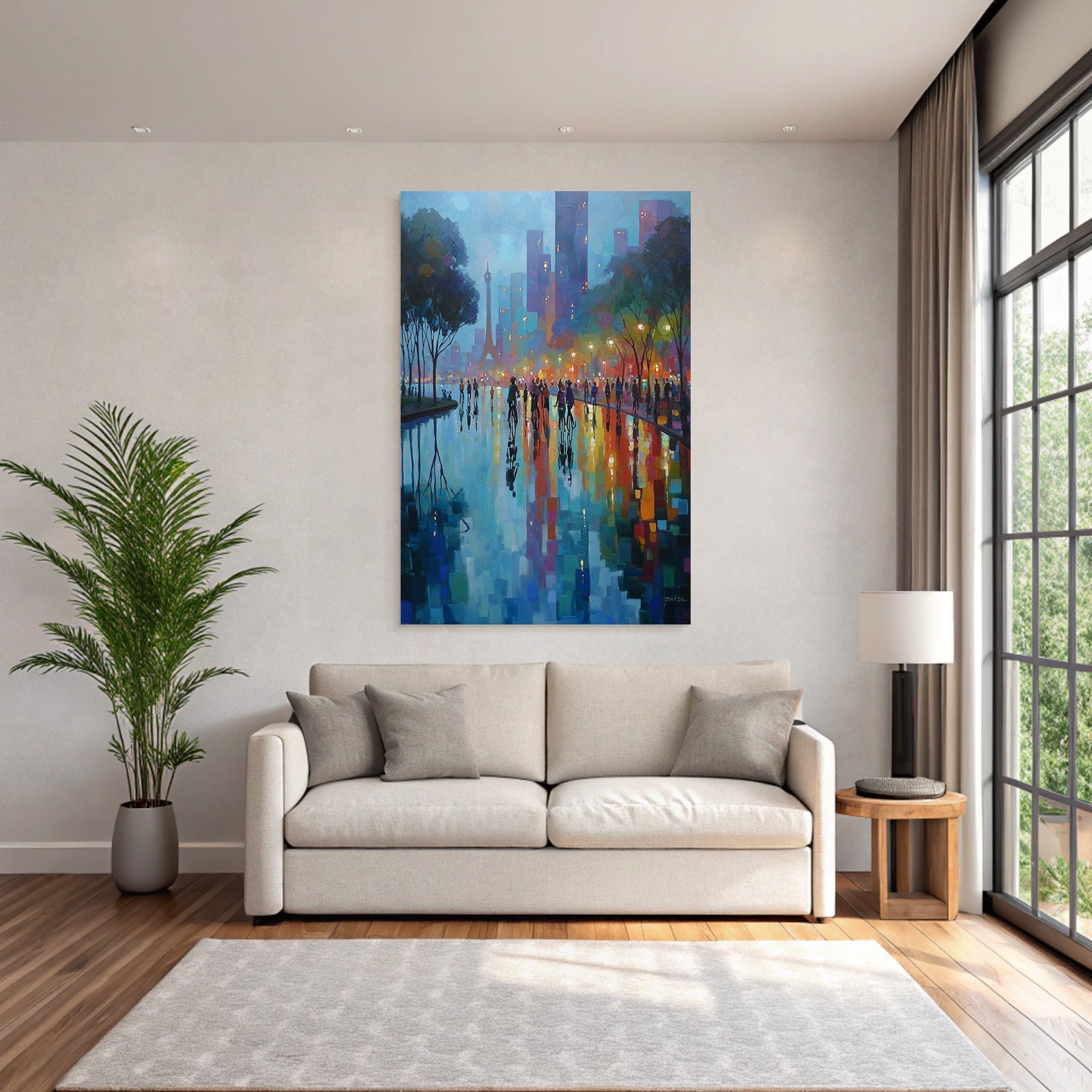 Vibrant cityscape at night with reflections and street lamps
