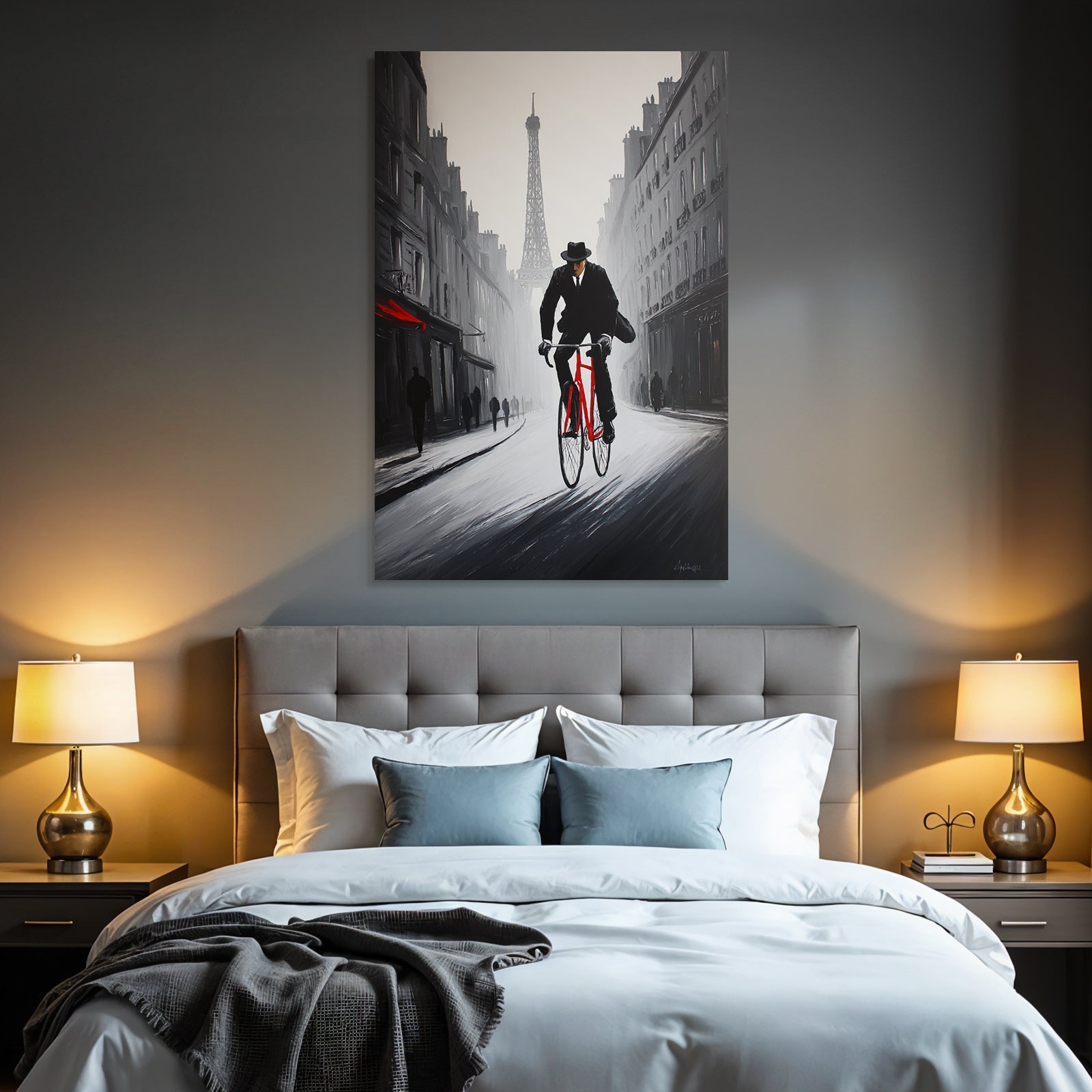 Man in suit with red bicycle next to Eiffel Tower