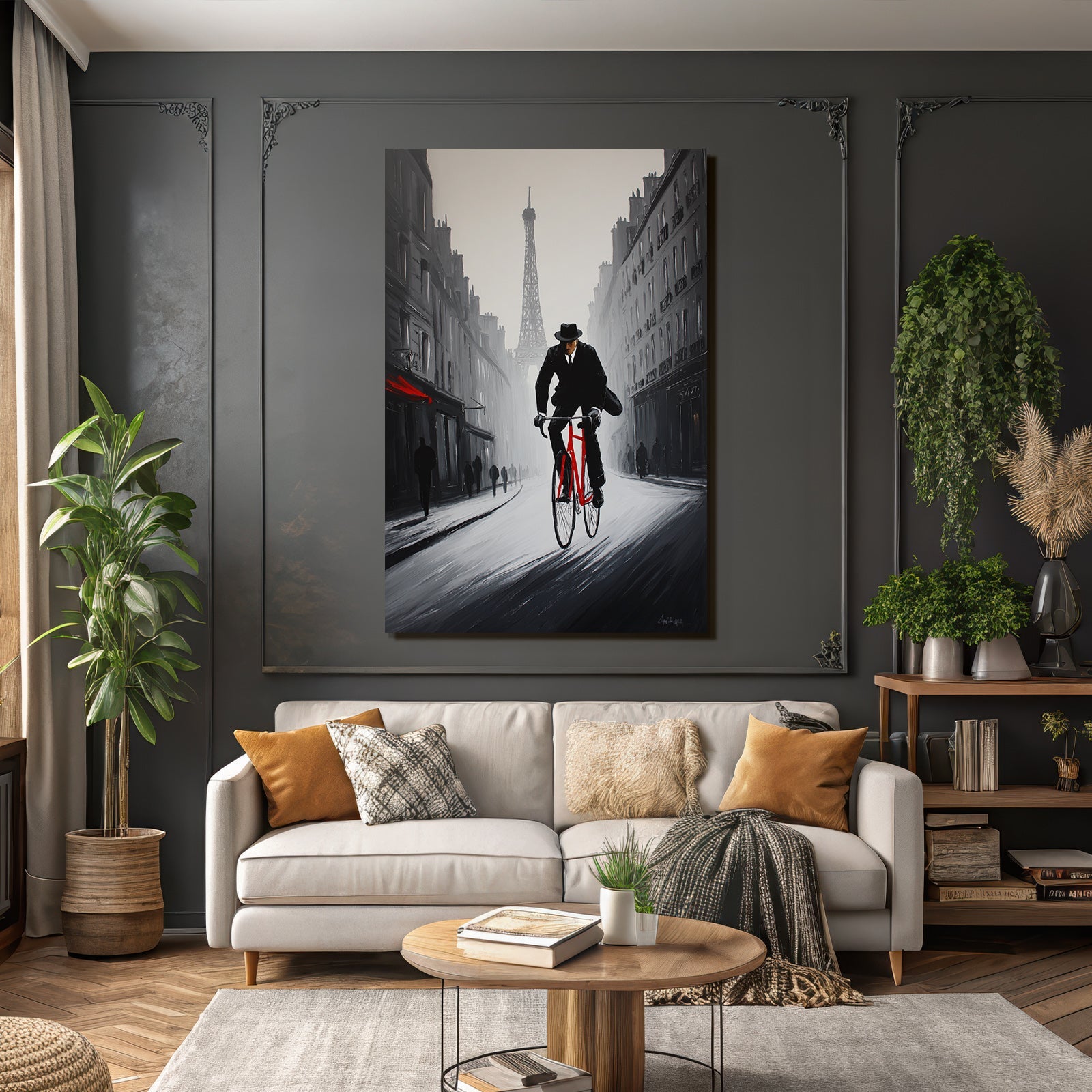 Man in suit with red bicycle next to Eiffel Tower
