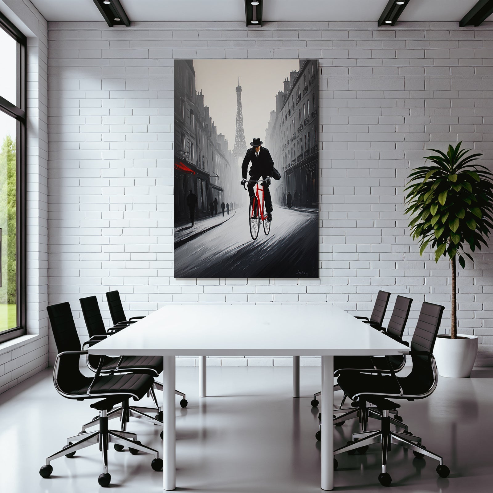 Man in suit with red bicycle next to Eiffel Tower
