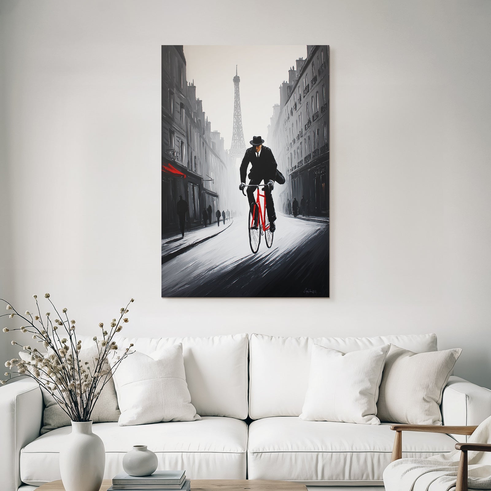 Man in suit with red bicycle next to Eiffel Tower