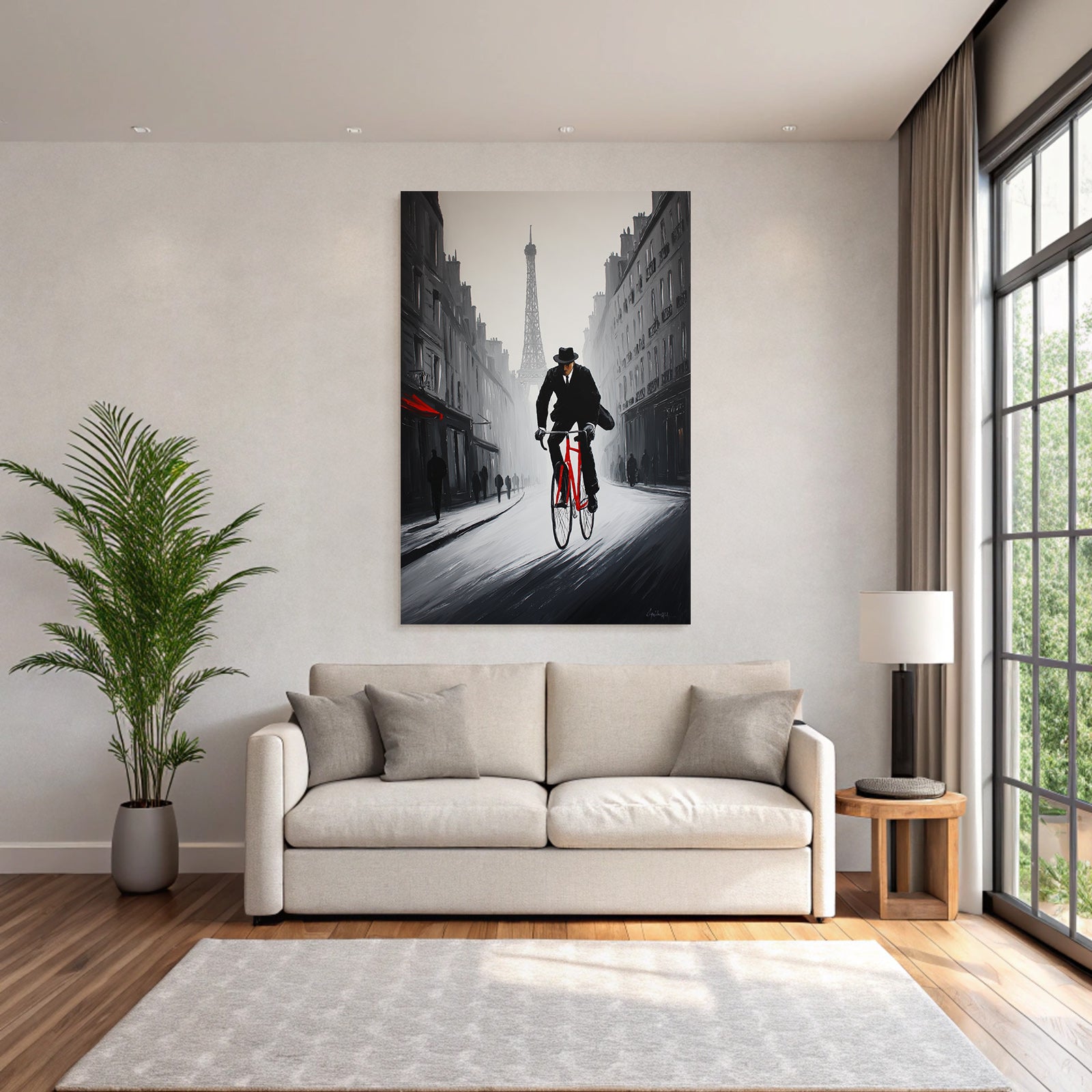 Man in suit with red bicycle next to Eiffel Tower