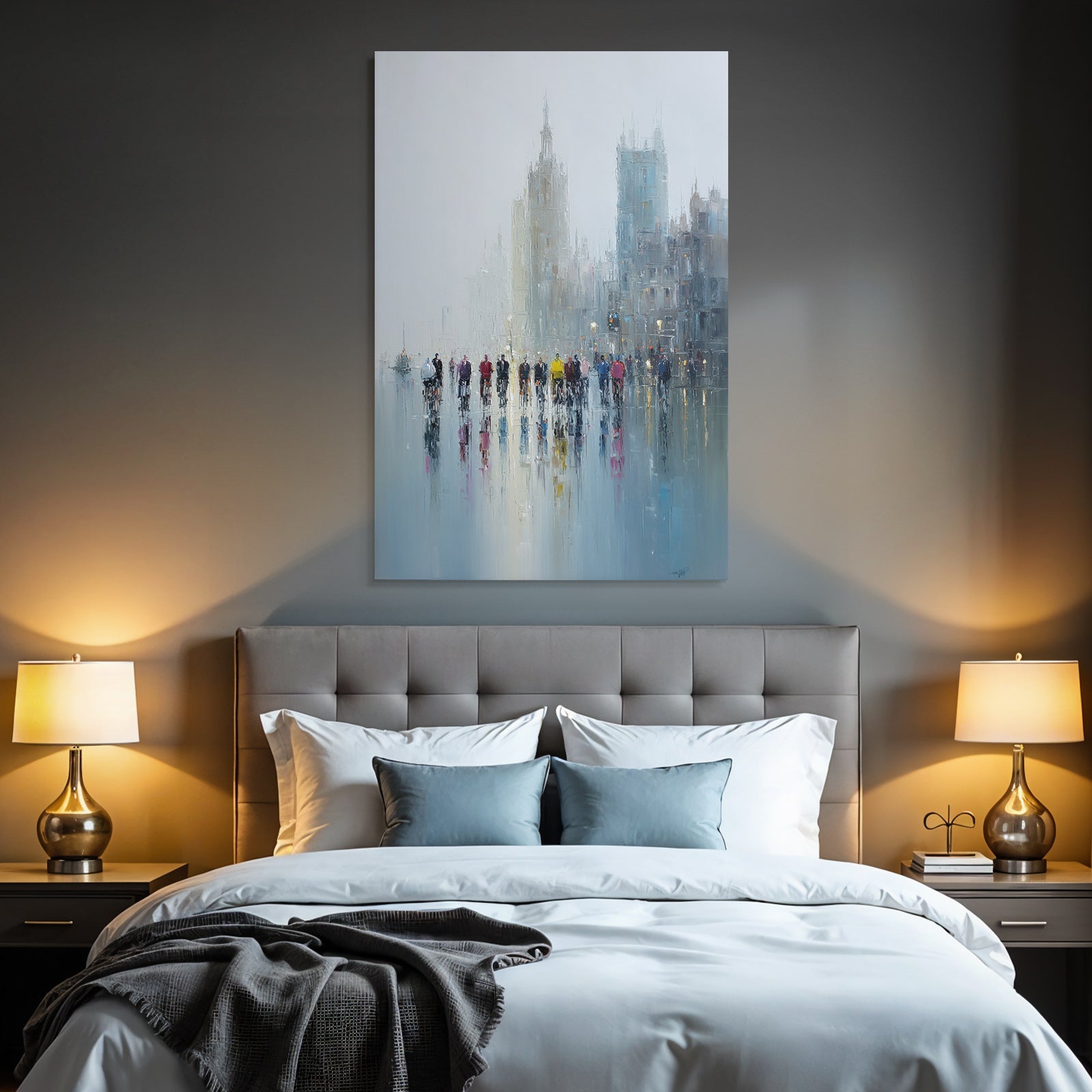 Rainbow Cyclists in the City Impressionist Painting