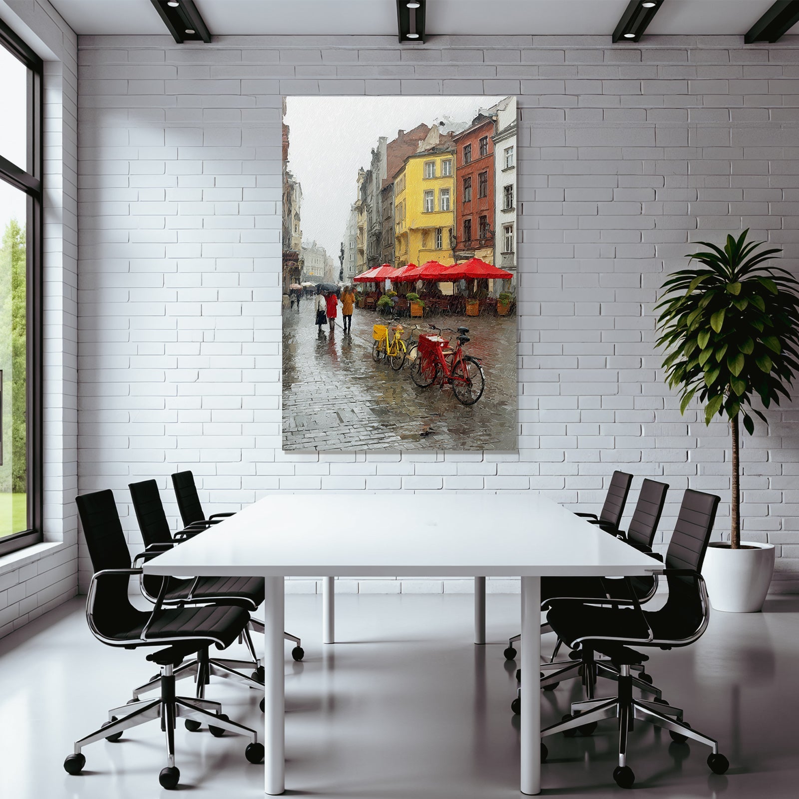 Regnerische Strassenszene Mit Regenschirmen Und Fahrrädern