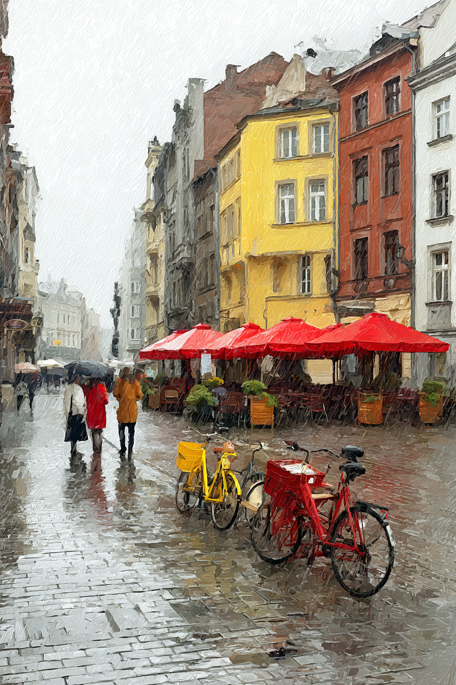 Regnerische Strassenszene Mit Regenschirmen Und Fahrrädern | Fahrraeder und Motorraeder | Mobilitaet und Technik