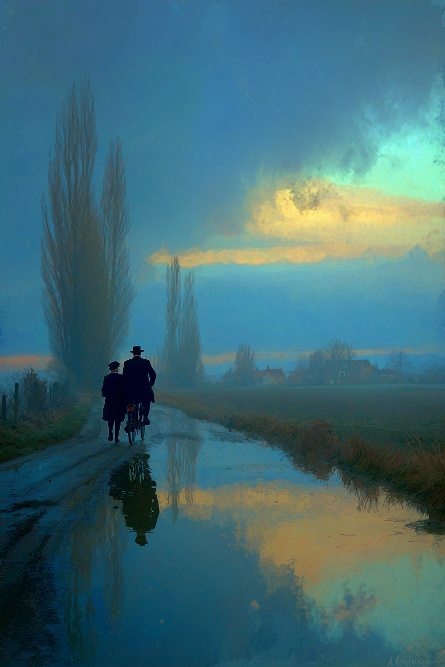 Ruhige Stimmungsvolle Landschaft Fahrrad Geher Trail Zwischen Bäumen Dawn Dusk | Fahrraeder und Motorraeder | Mobilitaet und Technik