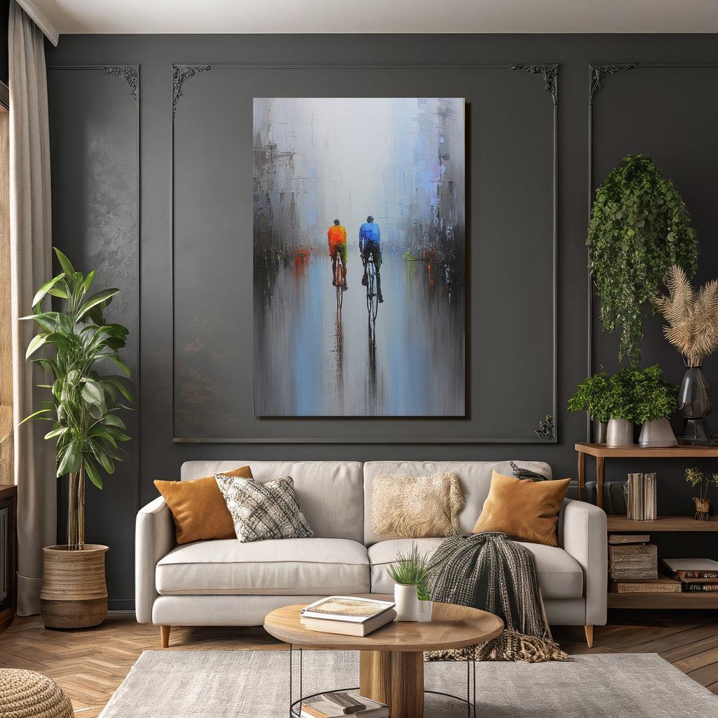 Zwei Fahrradfahrer Im Nebel Urbanes Setting Kunstwerk