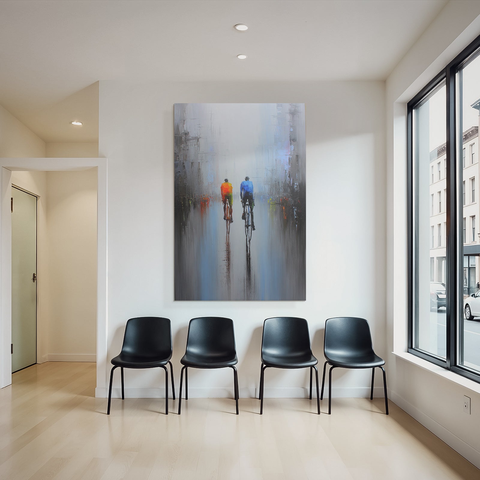 Zwei Fahrradfahrer Im Nebel Urbanes Setting Kunstwerk