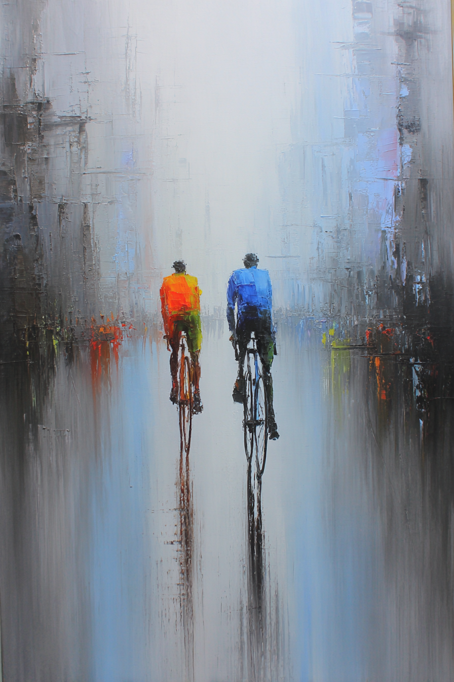 Zwei Fahrradfahrer Im Nebel Urbanes Setting Kunstwerk | Fahrraeder und Motorraeder | Mobilitaet und Technik
