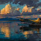 Flugzeuge Nostalgisches Abenteür Vintage Seaplane Bei Pier Unter Bergen Bei Sonnenuntergang | Fahrraeder und Motorraeder | Mobilitaet und Technik
