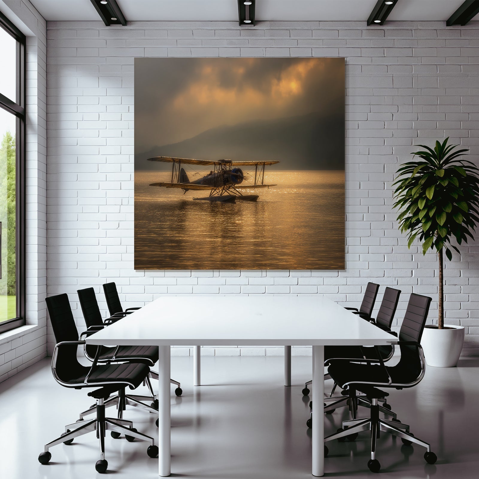 Flugzeuge Seeflugzeug Am Wasser Bei Sonnenaufgang Mit Dramatischem Himmel