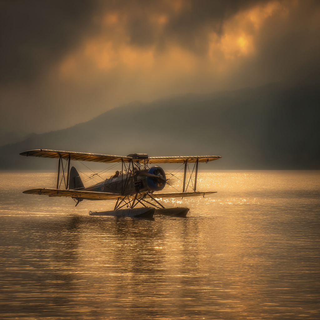 Flugzeuge Seeflugzeug Am Wasser Bei Sonnenaufgang Mit Dramatischem Himmel | Fahrraeder und Motorraeder | Mobilitaet und Technik