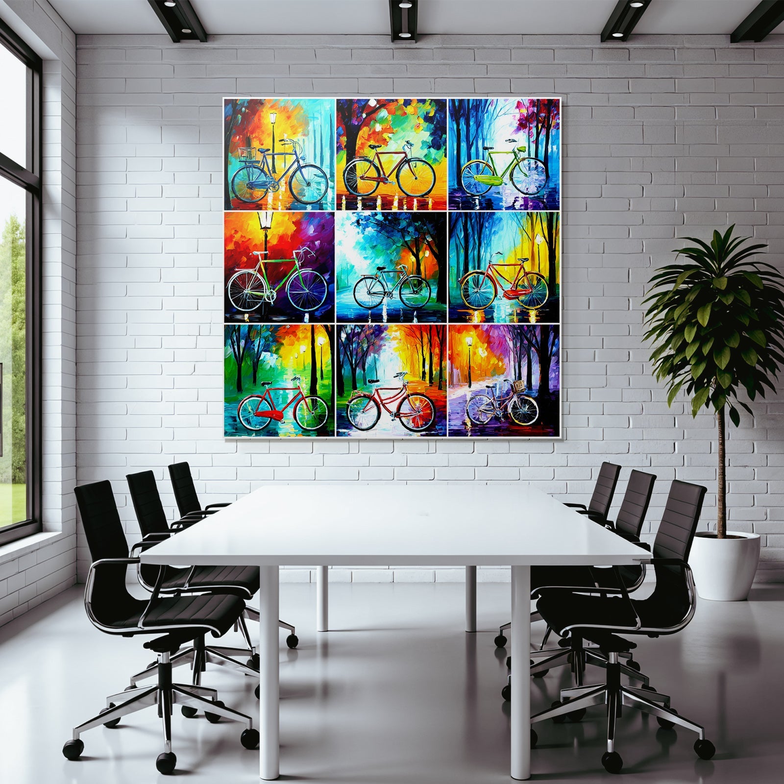 Colorful collage of bicycles in vibrant environments