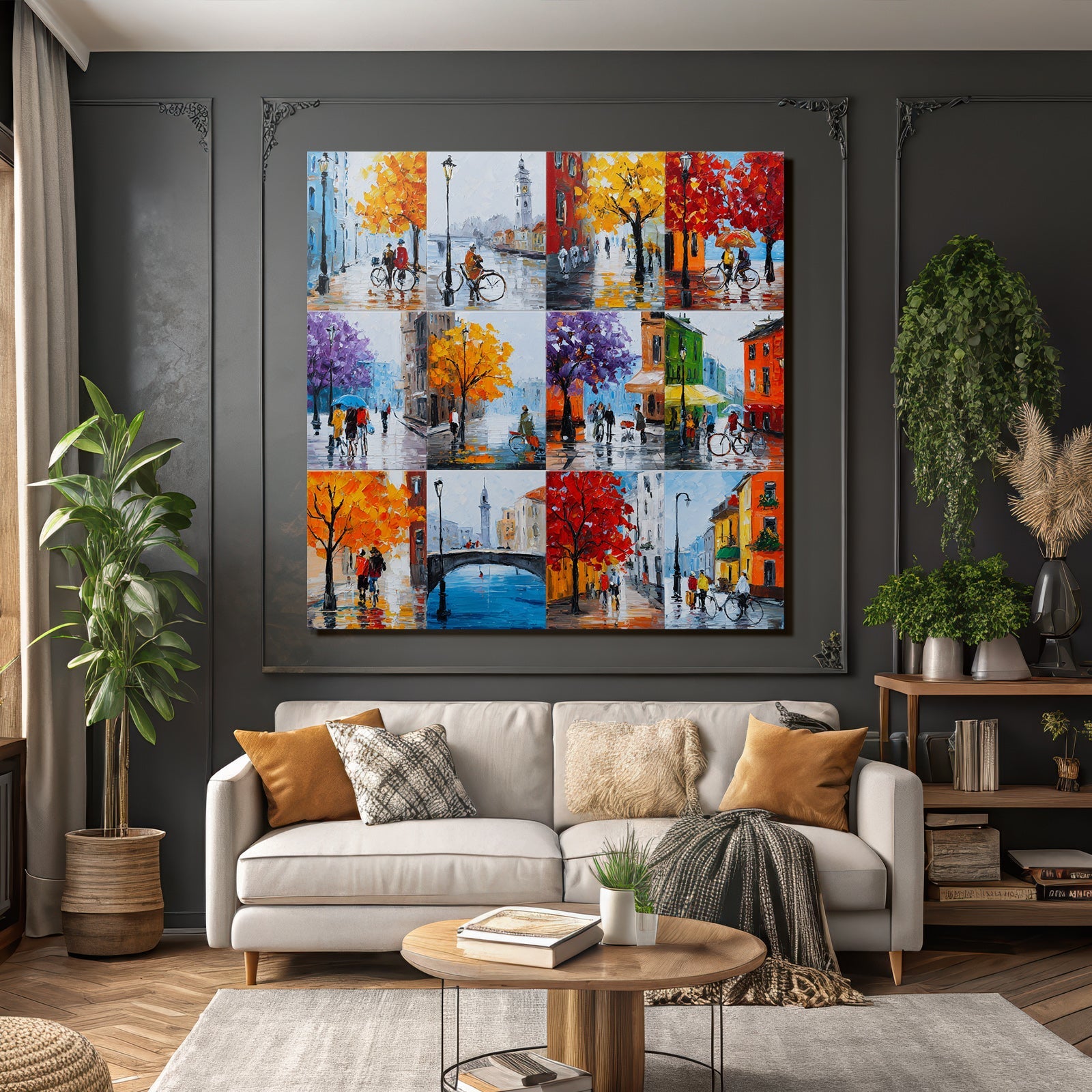Autumn cityscapes cycling walk rainy days art collage