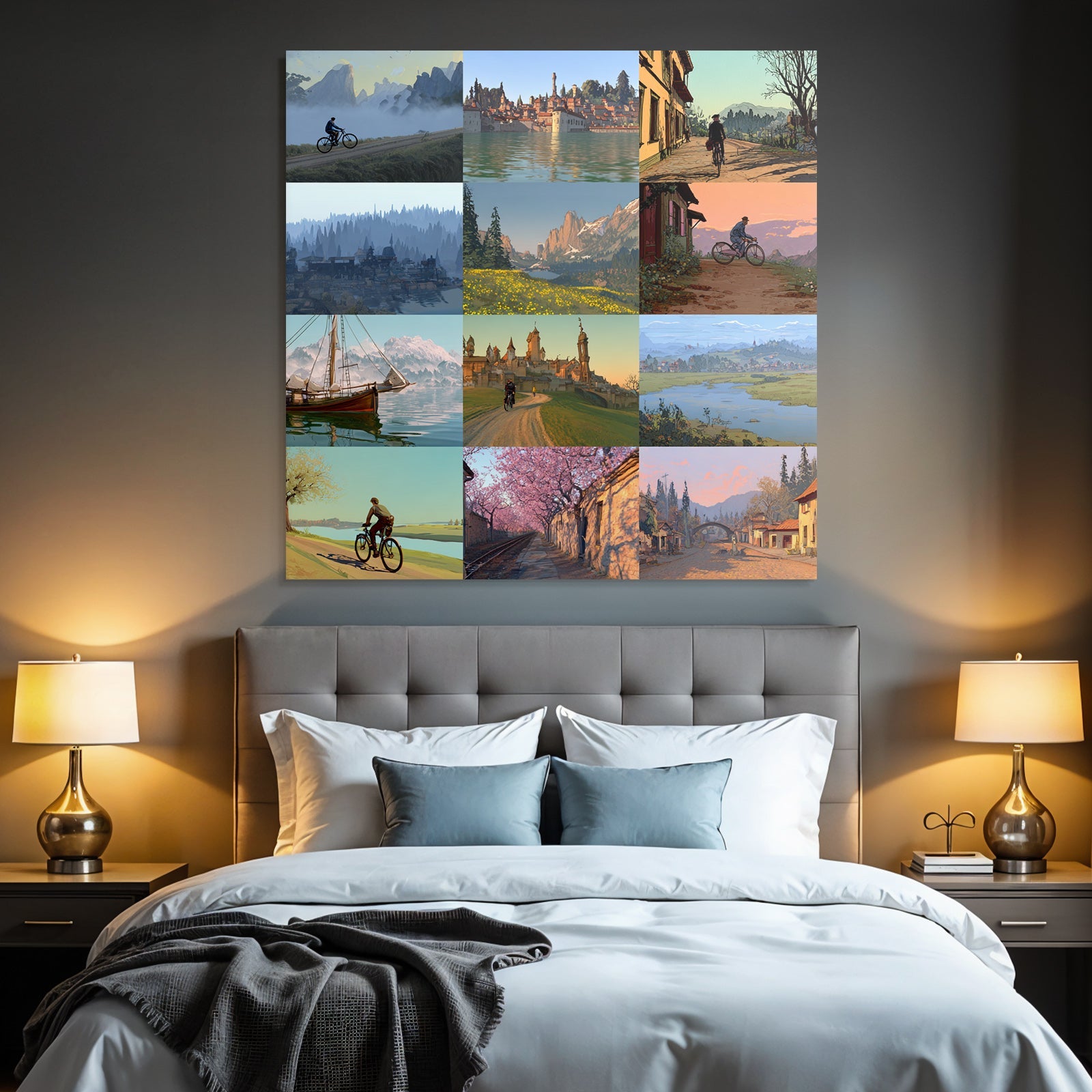 Landscapes with cyclists and messengers nature scenes collage