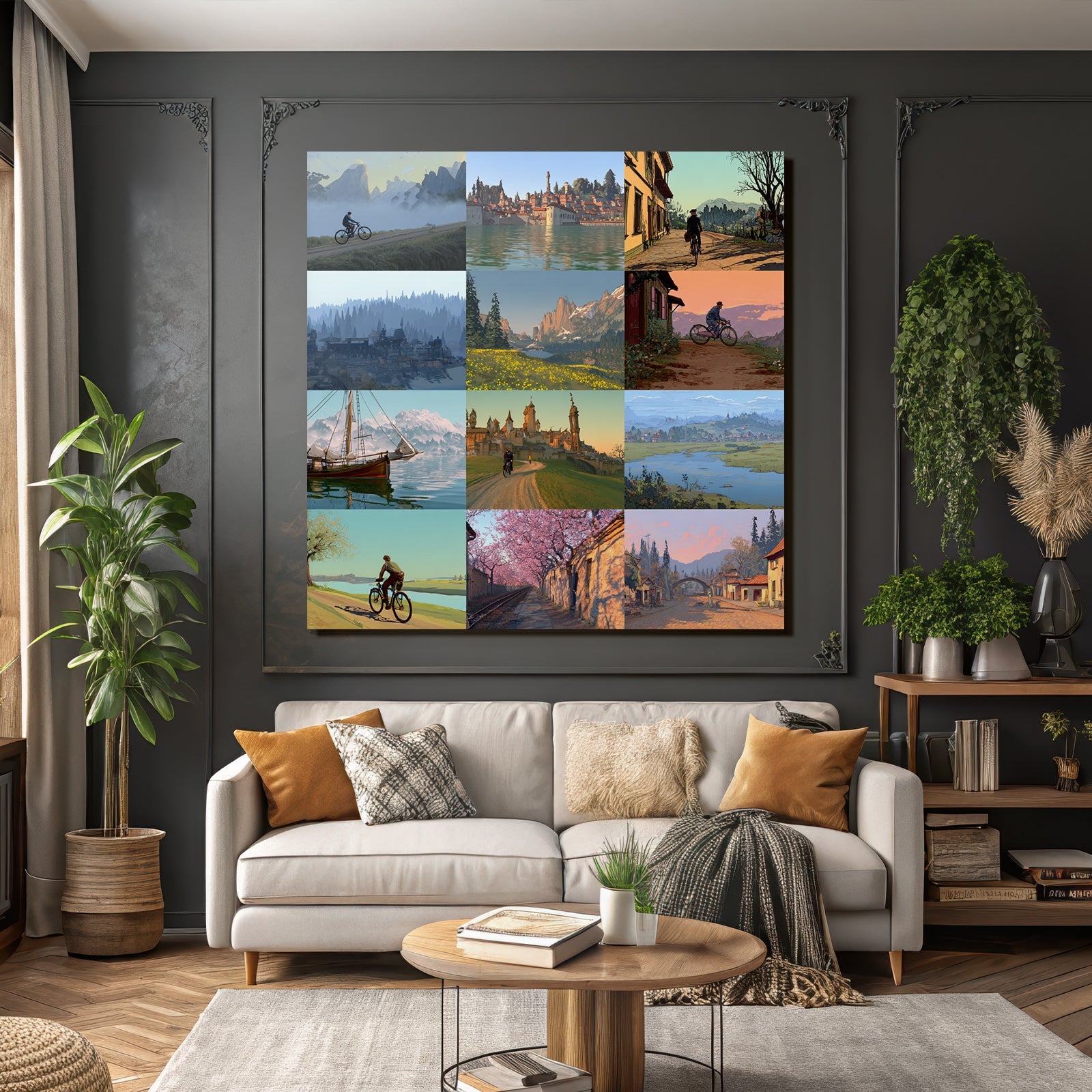 Landscapes with cyclists and messengers nature scenes collage