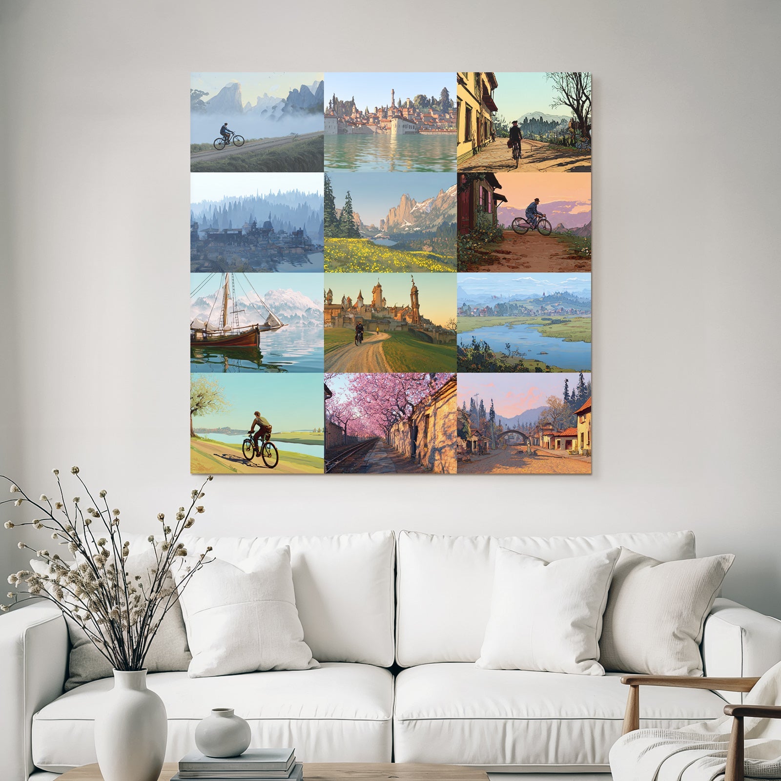 Landscapes with cyclists and messengers nature scenes collage