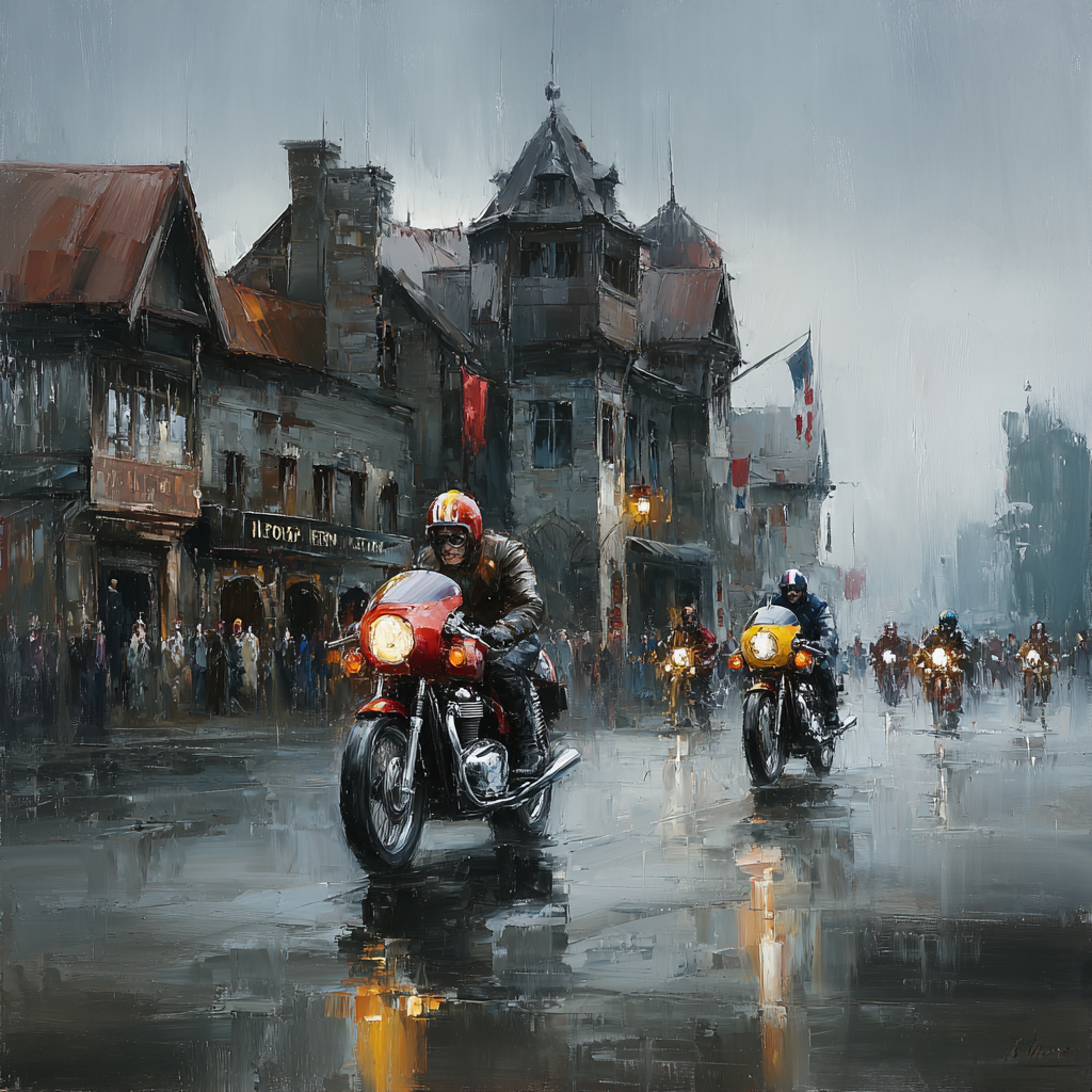 Motorradfahrt Im Regen Vintage Hintergrund Aus Alten Gebäuden | Fahrraeder und Motorraeder | Mobilitaet und Technik