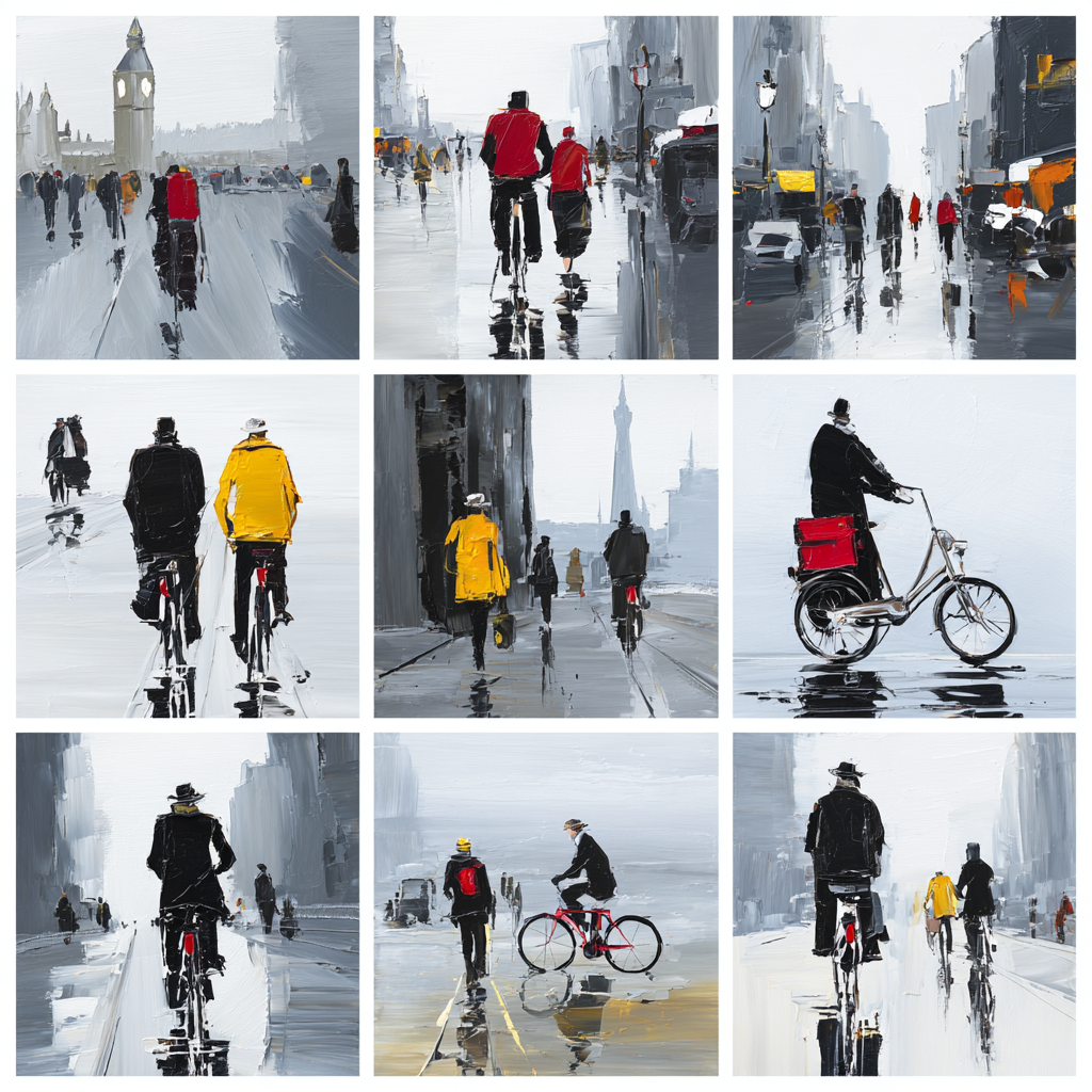 Stadtleben Collage Menschen Gehen Radfahren Regen Dunkelheit | Fahrraeder und Motorraeder | Mobilitaet und Technik