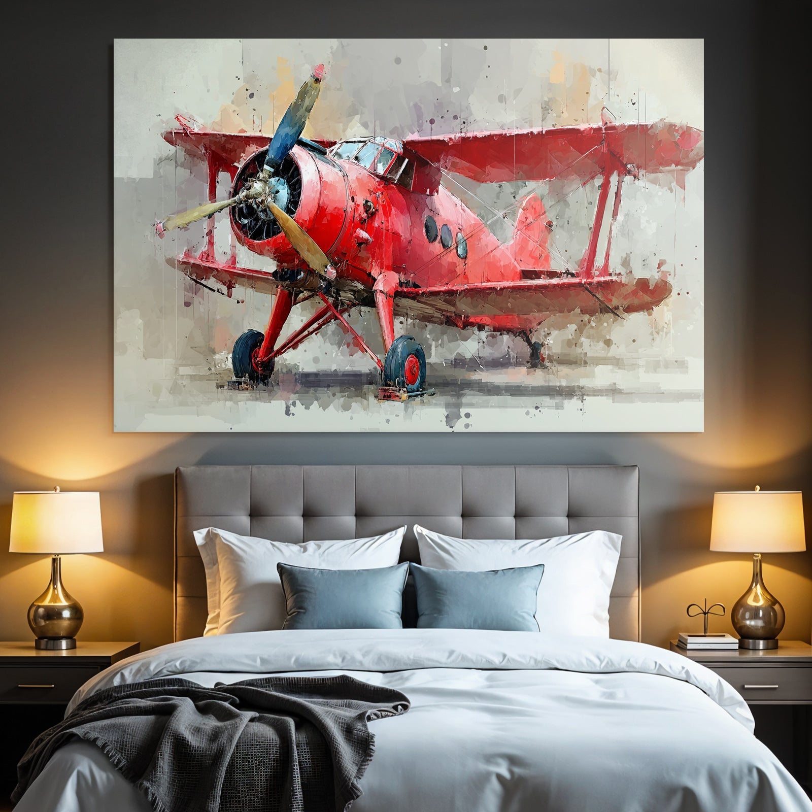 Aircraft Vintage Biplane Red With Propeller Front Painting Texture