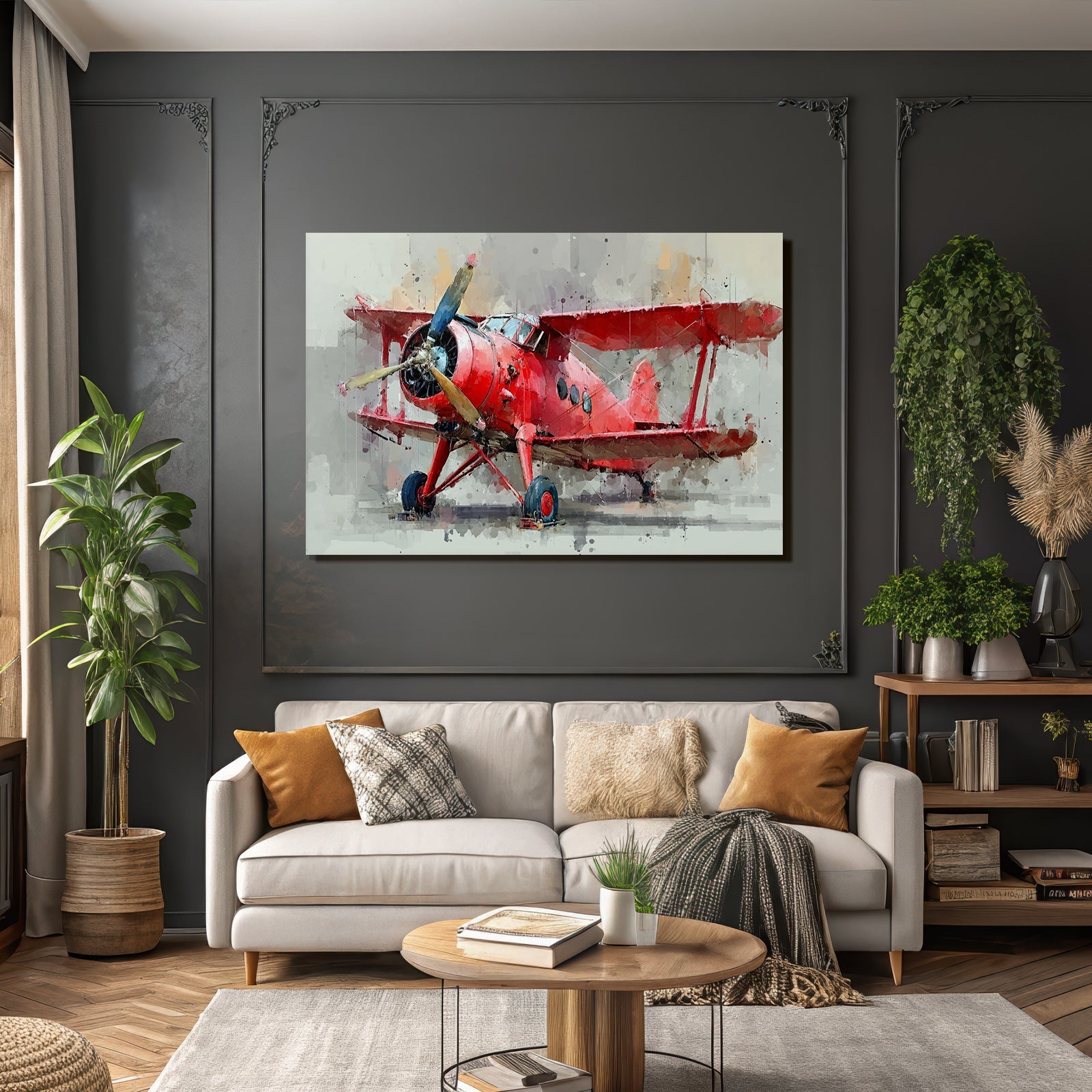 Aircraft Vintage Biplane Red With Propeller Front Painting Texture