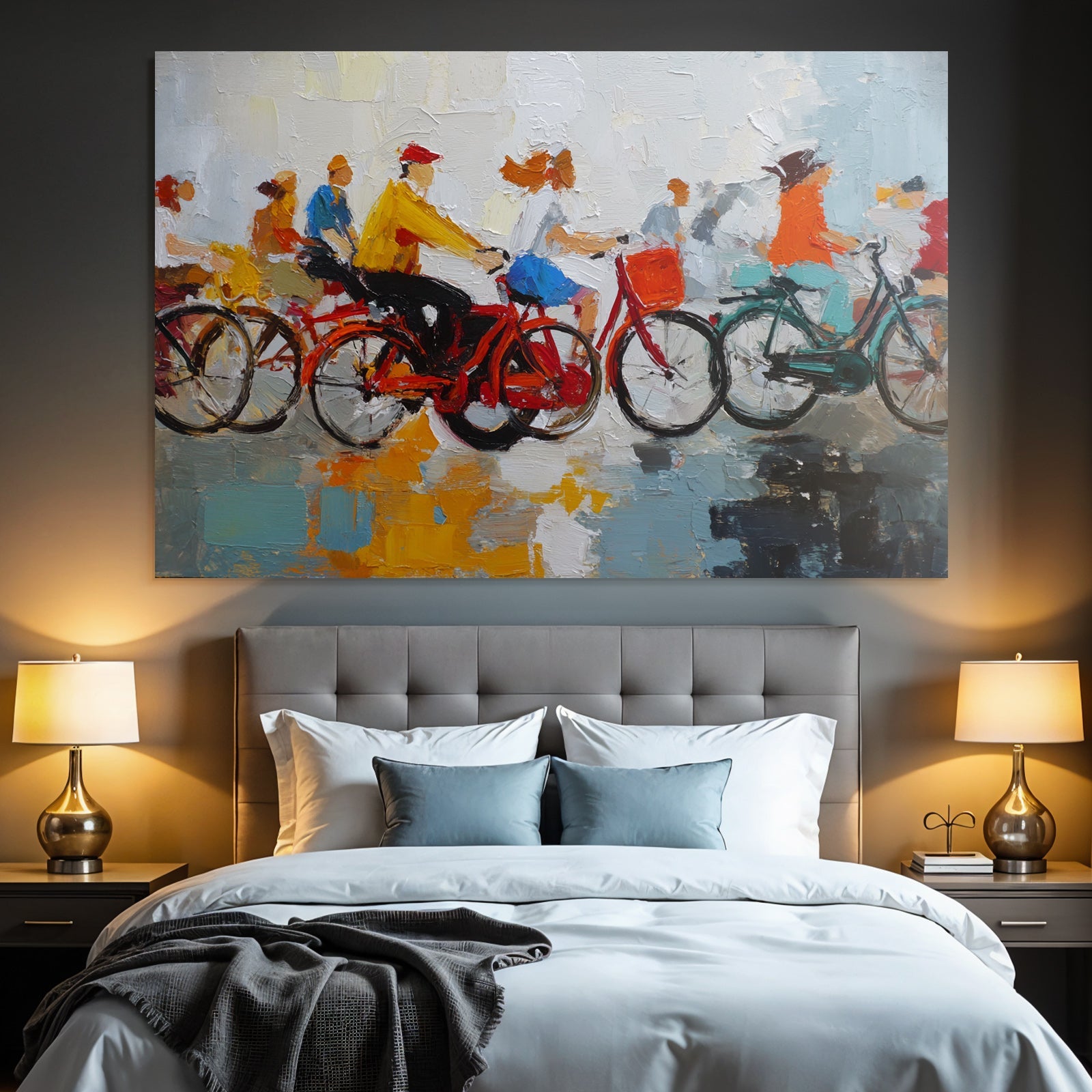 Abstract image of cyclists in colorful outfits