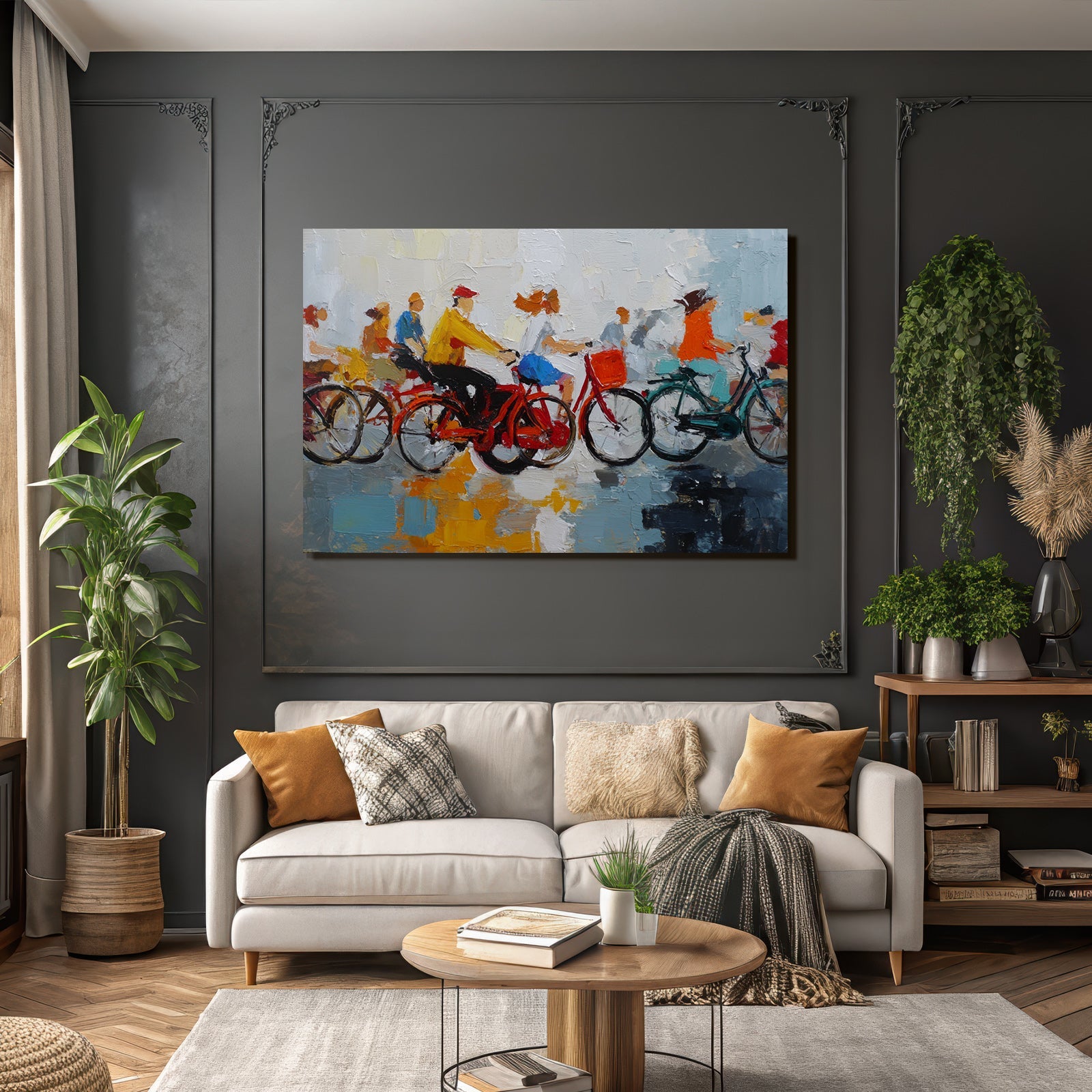 Abstract image of cyclists in colorful outfits