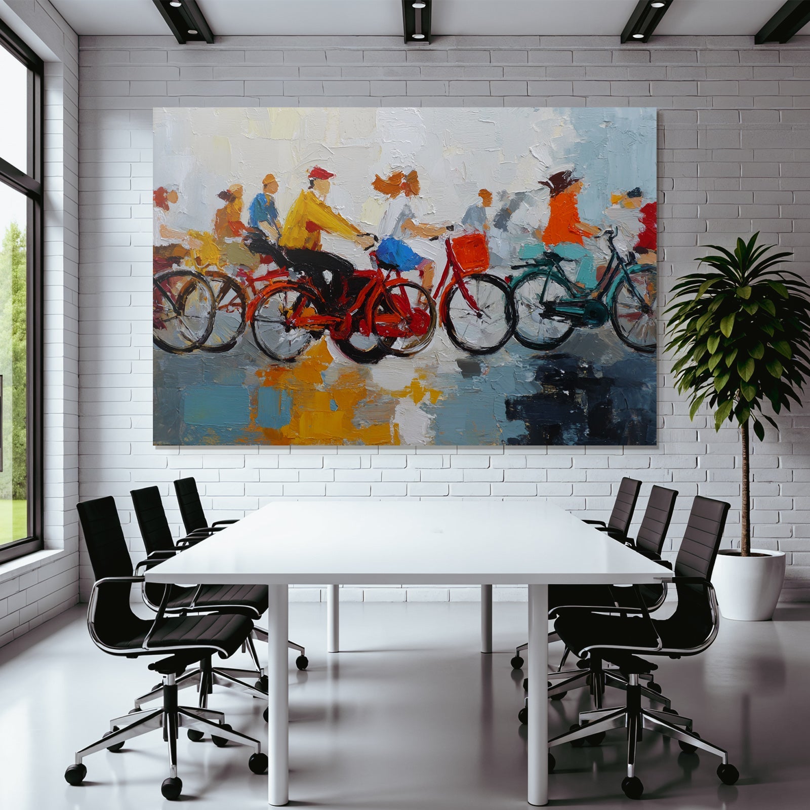 Abstract image of cyclists in colorful outfits