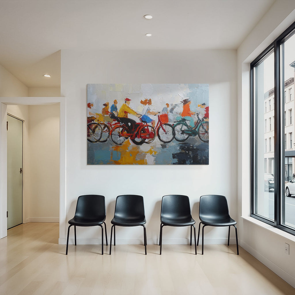 Abstract image of cyclists in colorful outfits