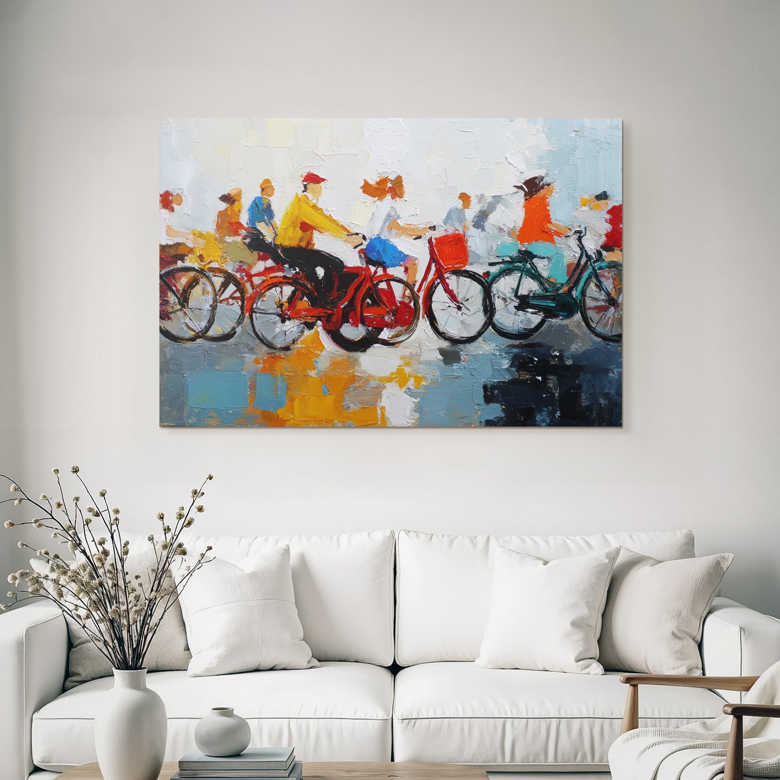 Abstract image of cyclists in colorful outfits