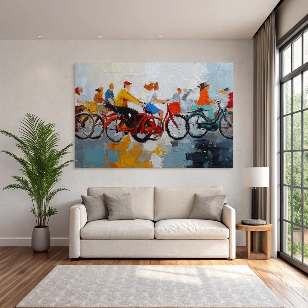 Abstract image of cyclists in colorful outfits